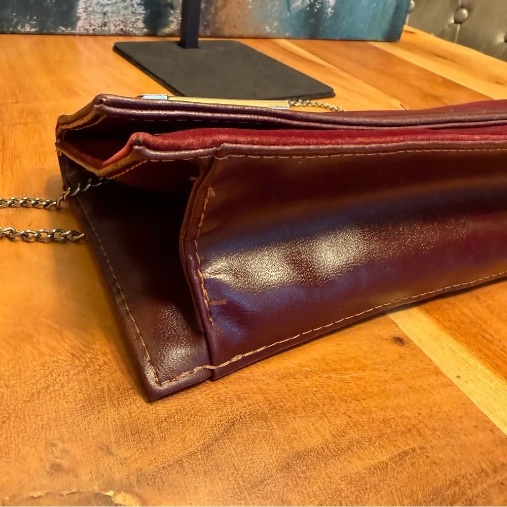 Vintage 1970s Archival Burgundy Velvet and Leather-Look‎ Geometric Clutch